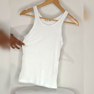 AMO Women’s Ribbed Long Tank Top White Size Small - Classic Fitted Scoop Neck